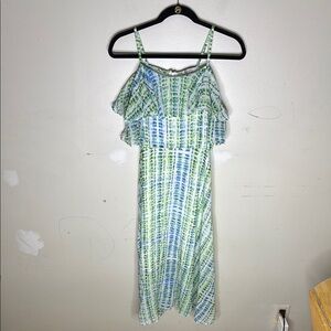 159 MA Elegant Green and Blue Tie-Dye Cold Shoulder Ruffle Detail Dress Medium